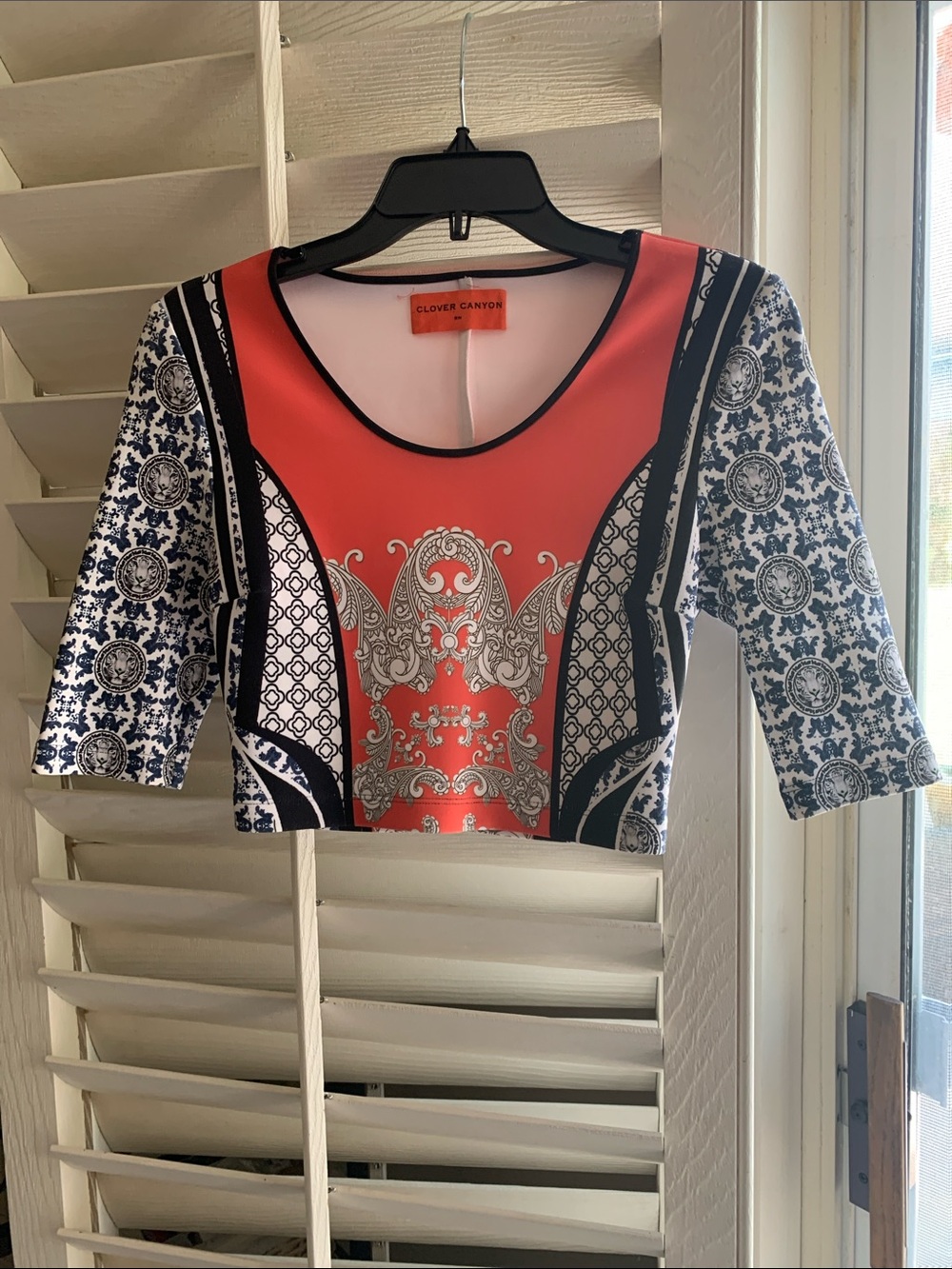 Clover Canyon Coral, Navy & White Ornate Print Crop Top